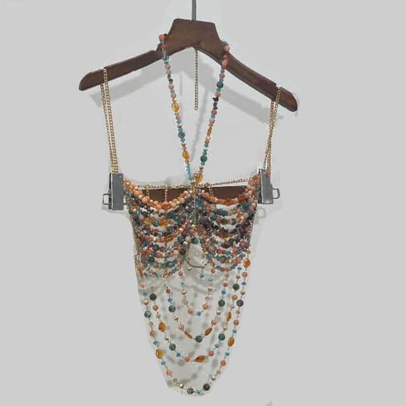 Halter beaded hollow out backless cut out top