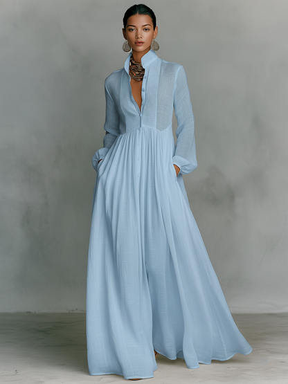 Minimalist Cotton & Linen Patchwork Maxi Dress with Stand Collar and Long Sleeves