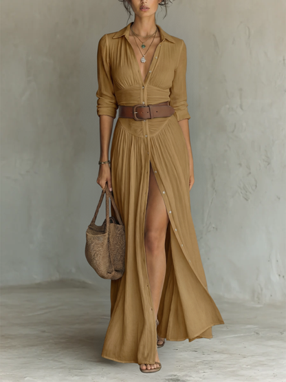 ESSENTIAL - Long Maxi Linen Dress with Notched Collar and Long Sleeves for Women