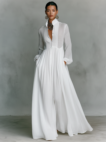 Minimalist Cotton & Linen Patchwork Maxi Dress with Stand Collar and Long Sleeves