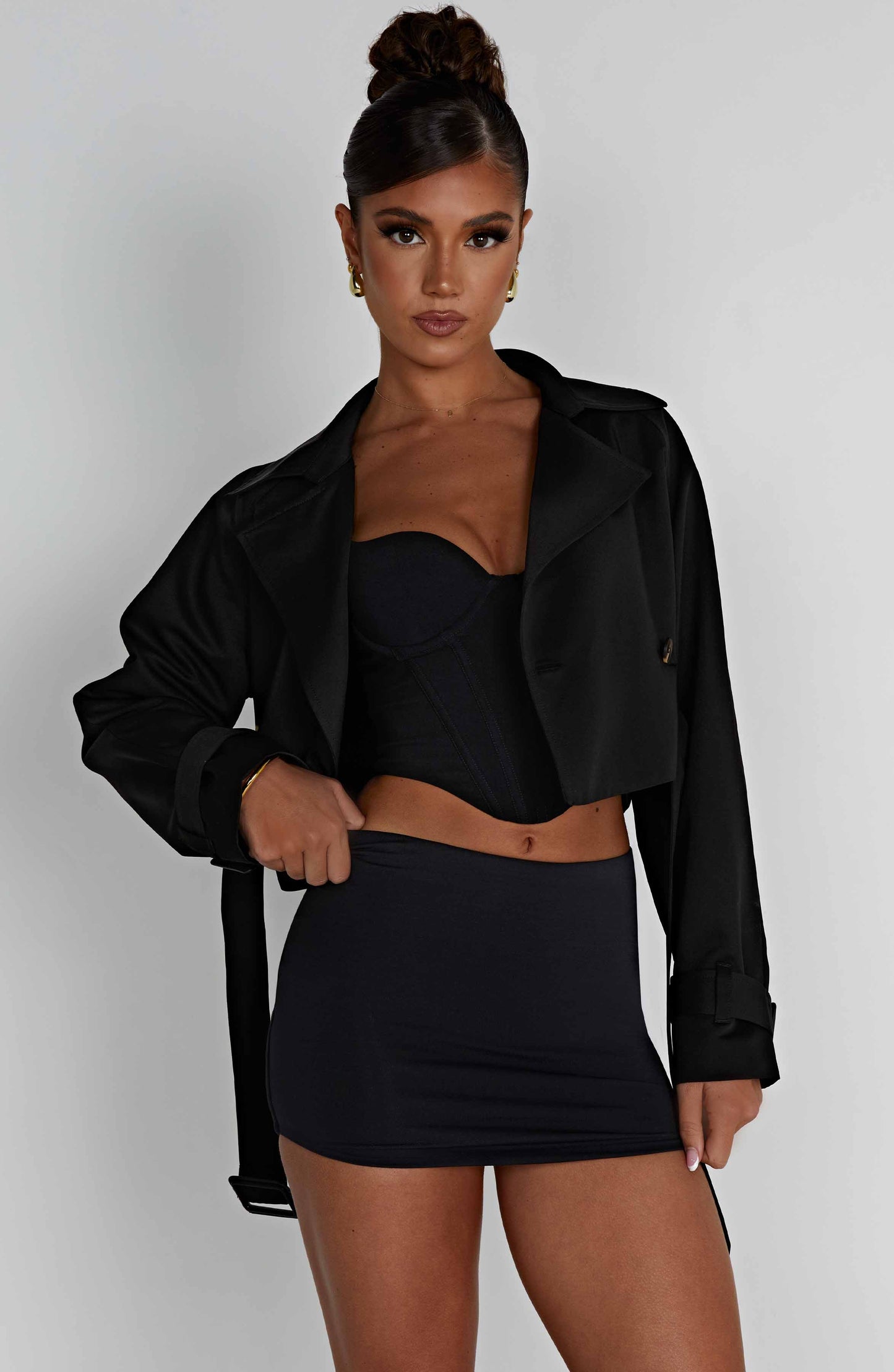 Caprice Cropped Trench Coat – Black