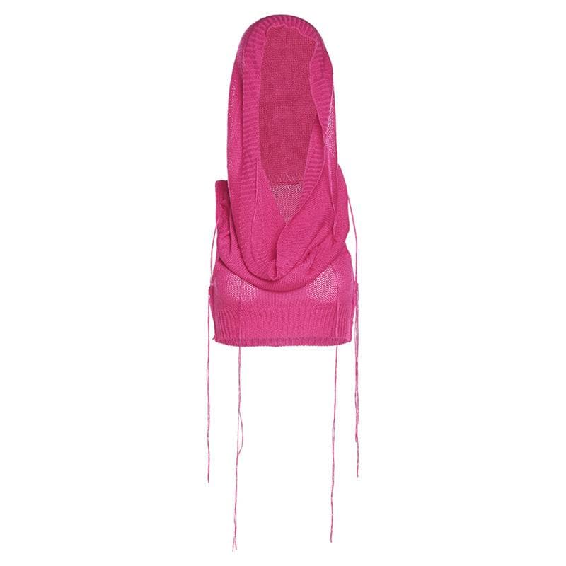 Solid sleeveless knitted stitch hoodie crop top