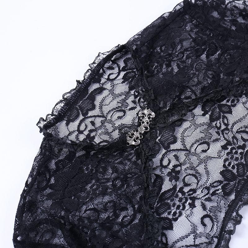 Solid flared sleeve lace hem button hollow out shrug cut out top