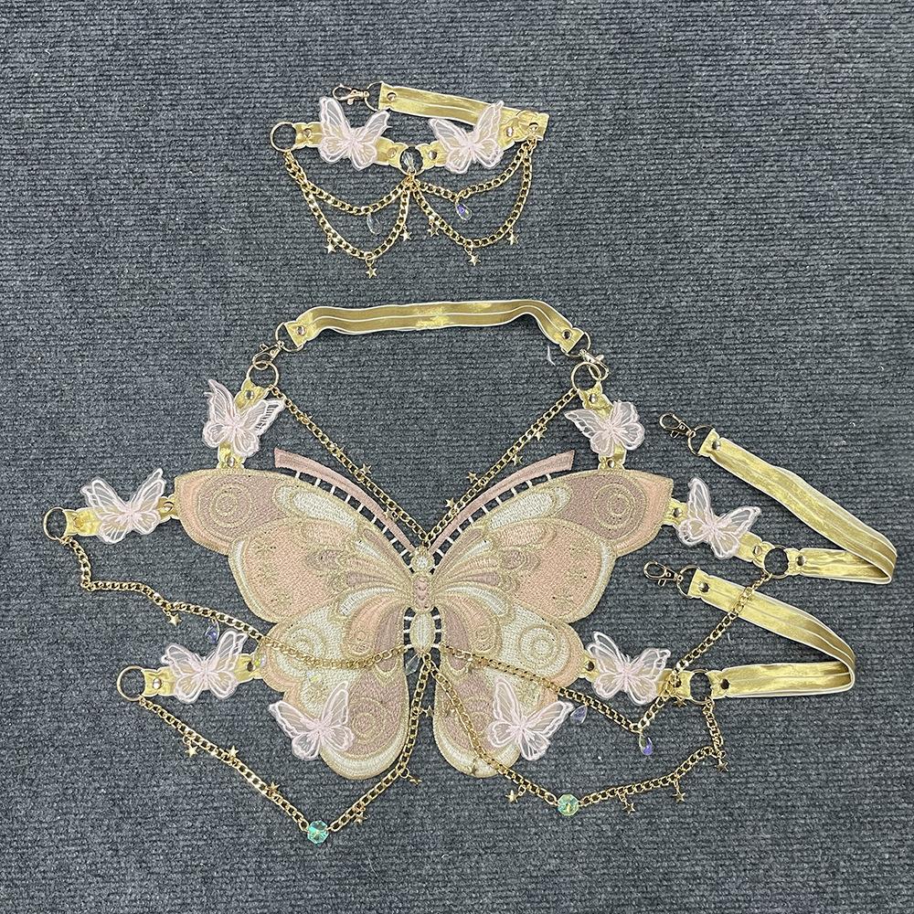 Butterfly embroidery metal chain halter top with choker
