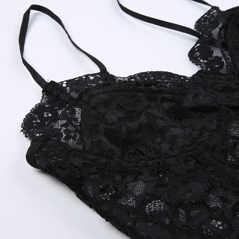 Lace slit v neck solid backless cami crop top