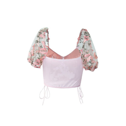 Butterfly embroidery drawstring mesh lace up bustier crop top