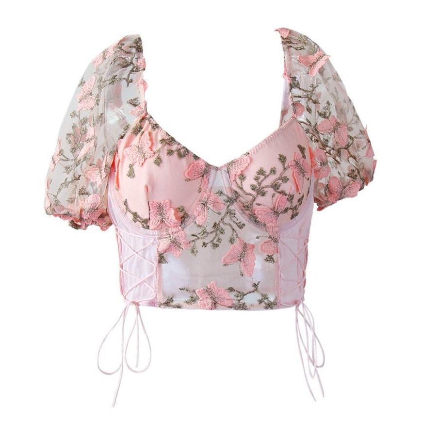 Butterfly embroidery drawstring mesh lace up bustier crop top