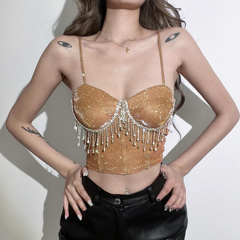 Tassel heart neck glitter cami crop top
