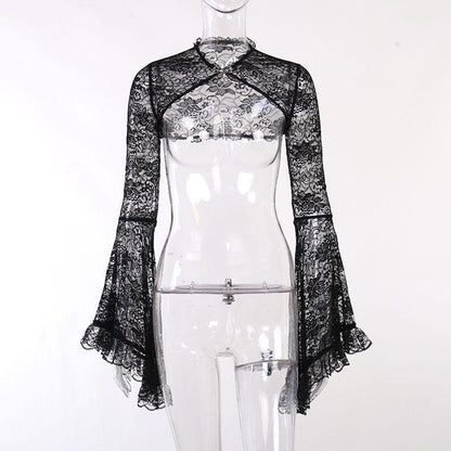 Solid flared sleeve lace hem button hollow out shrug cut out top